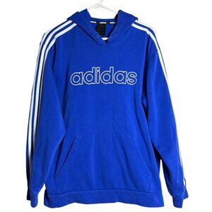 Adidas Pullover Fleece Hoodie Sweatshirt Blue Logo Stripes Essentials Gym Mens L